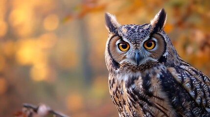 Fototapeta premium Majestic Owl Perched in Nature with Glowing Eyes and Soft Background : Generative AI