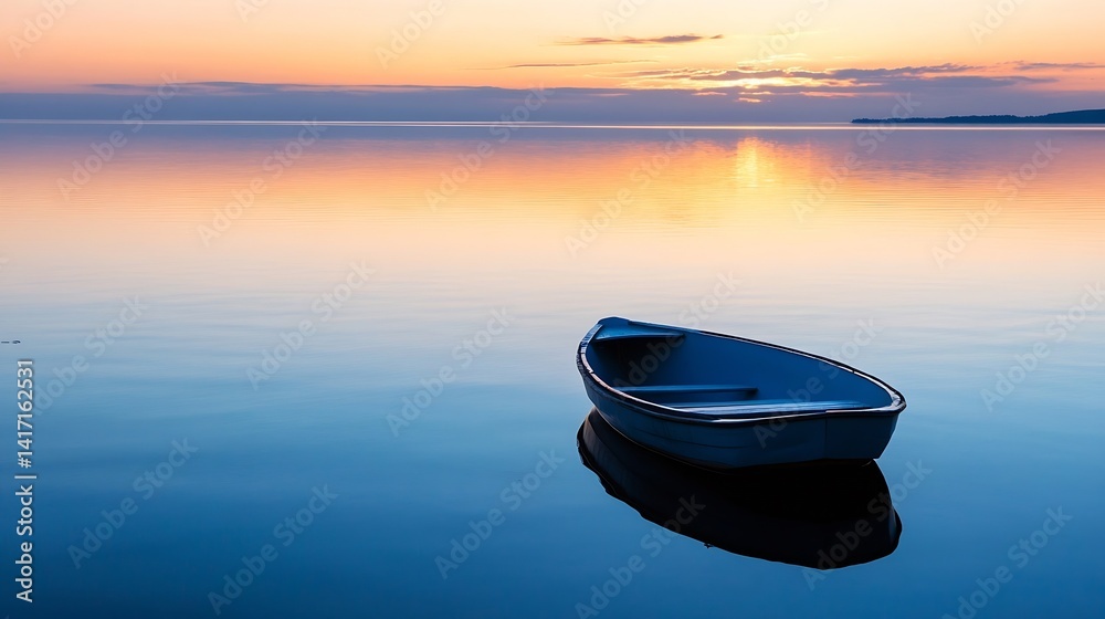Poster serene sunset over calm water with a rowboat floating peacefully : generative ai