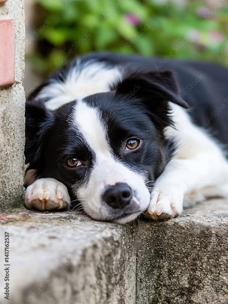 Poster cute dog lying down relaxed on a stone surface surrounded by greenery : generative ai