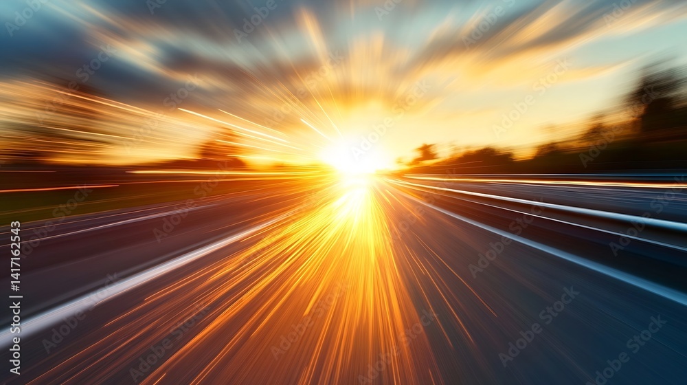 Aufkleber dynamic motion blurred sunset with light rays on the road : generative ai