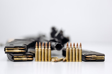 Close-up of 7.62 caliber ammunition for an assault rifle. The concept of selling weapons, help with...