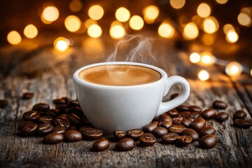 Fototapeta premium Steamy Espresso Coffee Cup with Beans on Rustic Wood Table, Warm Bokeh Lights Background