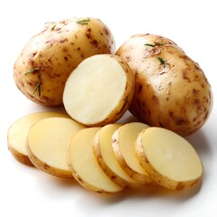 Whole and sliced raw potatoes on a plain surface isolated on white background
