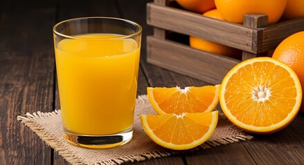 A Glass of Fresh Orange Juice Sits on a Table Beside a Vibrant Bunch of Oranges, Showcasing a Refreshing Breakfast Scene