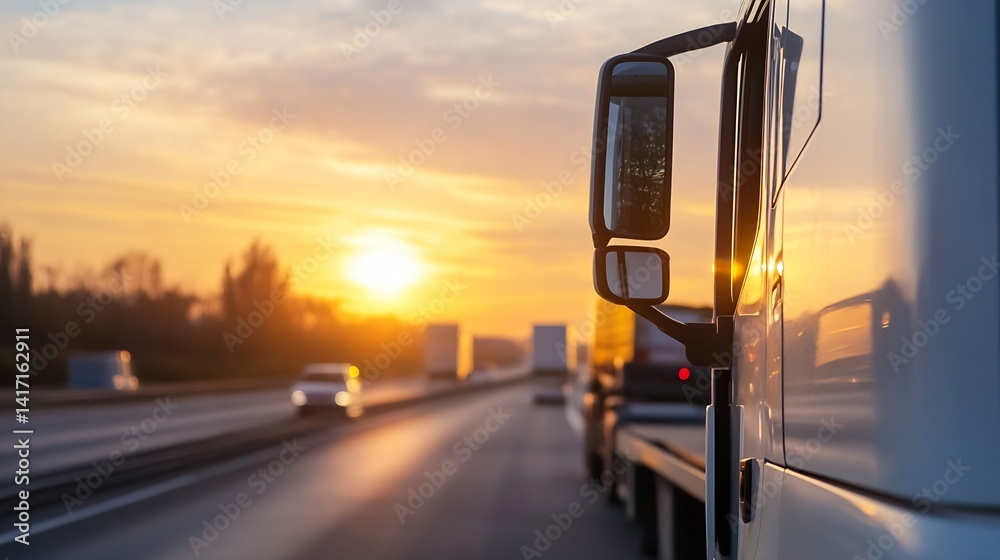 Poster sunset view from a truck on the highway with warm lighting and glowing sky : generative ai