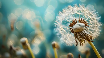Close up of a dandelion seed head with a blurred light blue and yellow background in soft focus