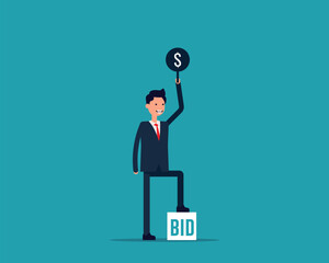 Businessman holding auction paddle. Flat vector illustration. stock illustration