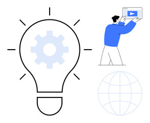 Light bulb with gear, person holding tablet, and globe outline showing creativity, technology, teamwork, development, global reach, idea generation, simple landing page