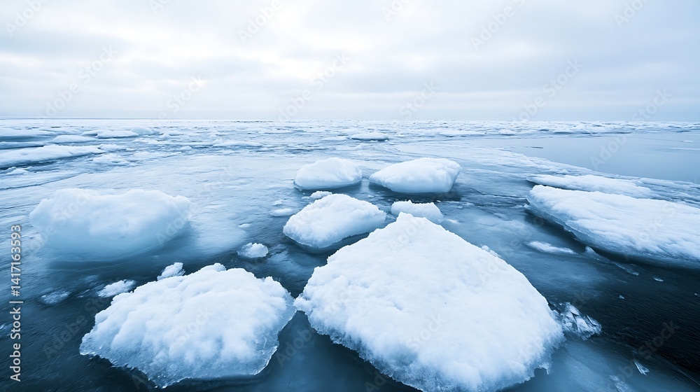 Poster ice chunks floating on a calm ocean surface under a cloudy sky during winter : generative ai