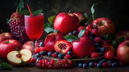 Shiny red apples and fresh berries sit near a glass of juice. Perfect for health, diet, or food-related projects.