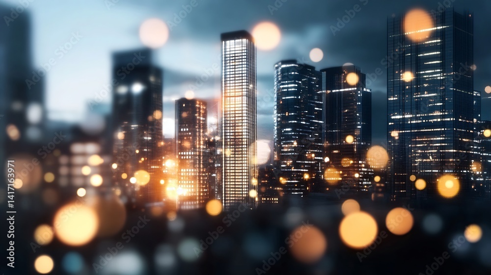 Aufkleber blurred city skyline at twilight with colorful bokeh lights for urban lifestyle concept : generative