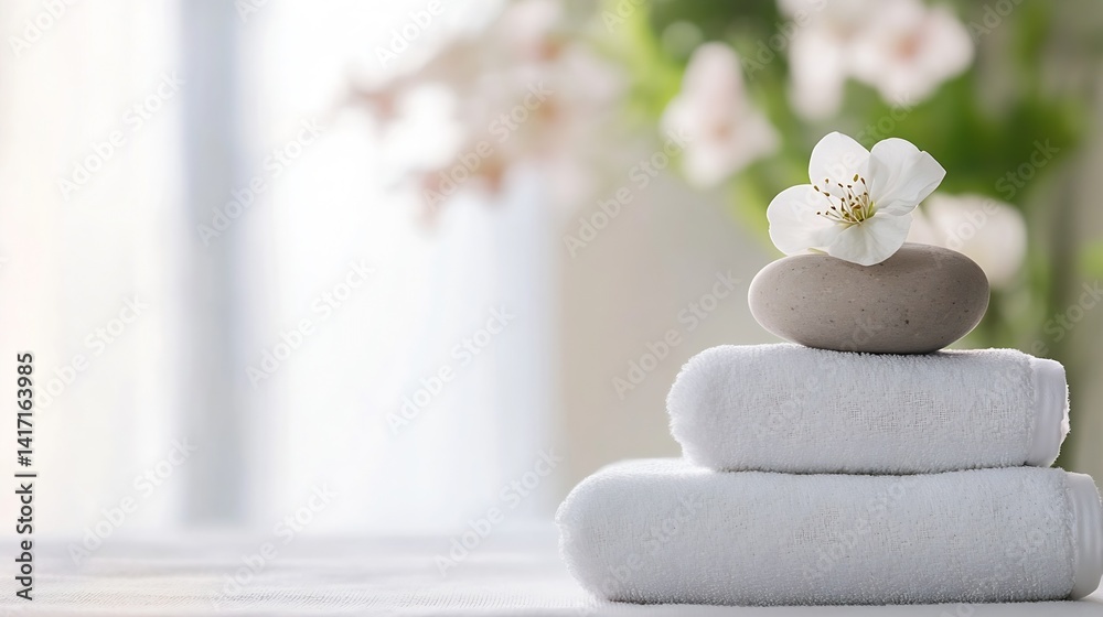Poster calming spa scene with stacked towels and decorative stones accented by a beautiful flower : generat