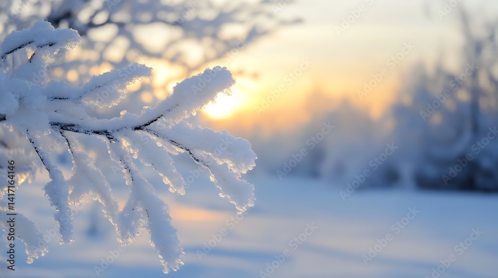Poster frosted branches illuminated by the soft glow of a winter sunset in a snowy landscape : generative a