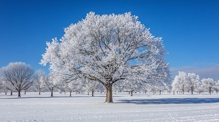 A winter landscape featuring snow covered trees under a clear blue sky in a serene outdoor setting