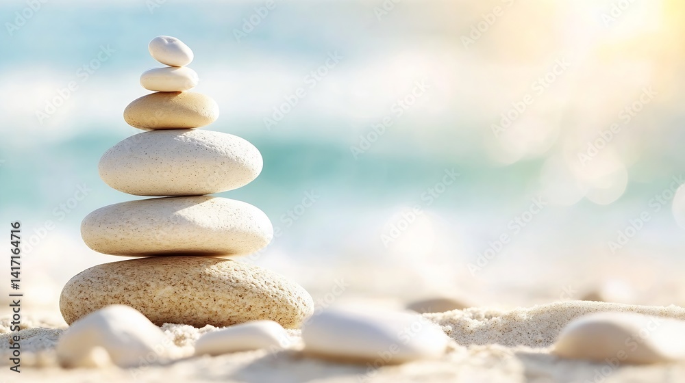 Poster Balanced Stack of Smooth Stones on Seashore with Soft Sunset Colors in Background : Generative AI