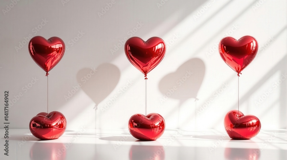 Aufkleber four red balloons in the shape of hearts floating against a white background.