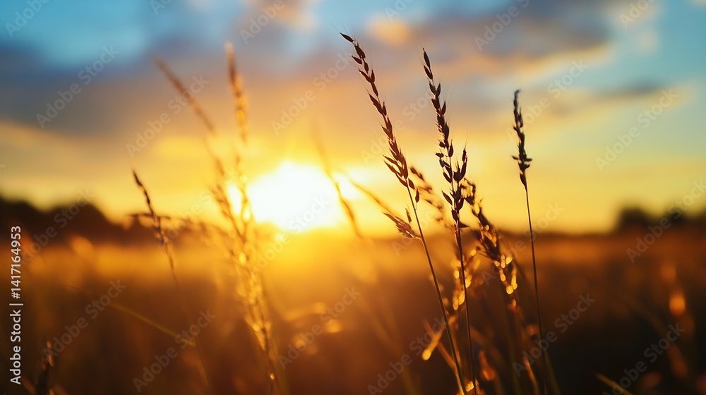 Leinwandbilder golden sunset over a field of grass creating a warm and serene atmosphere in nature : generative ai