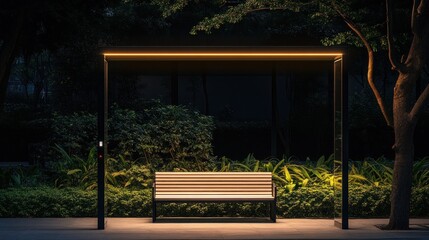 Empty Night Bus Stop Bench, City Park