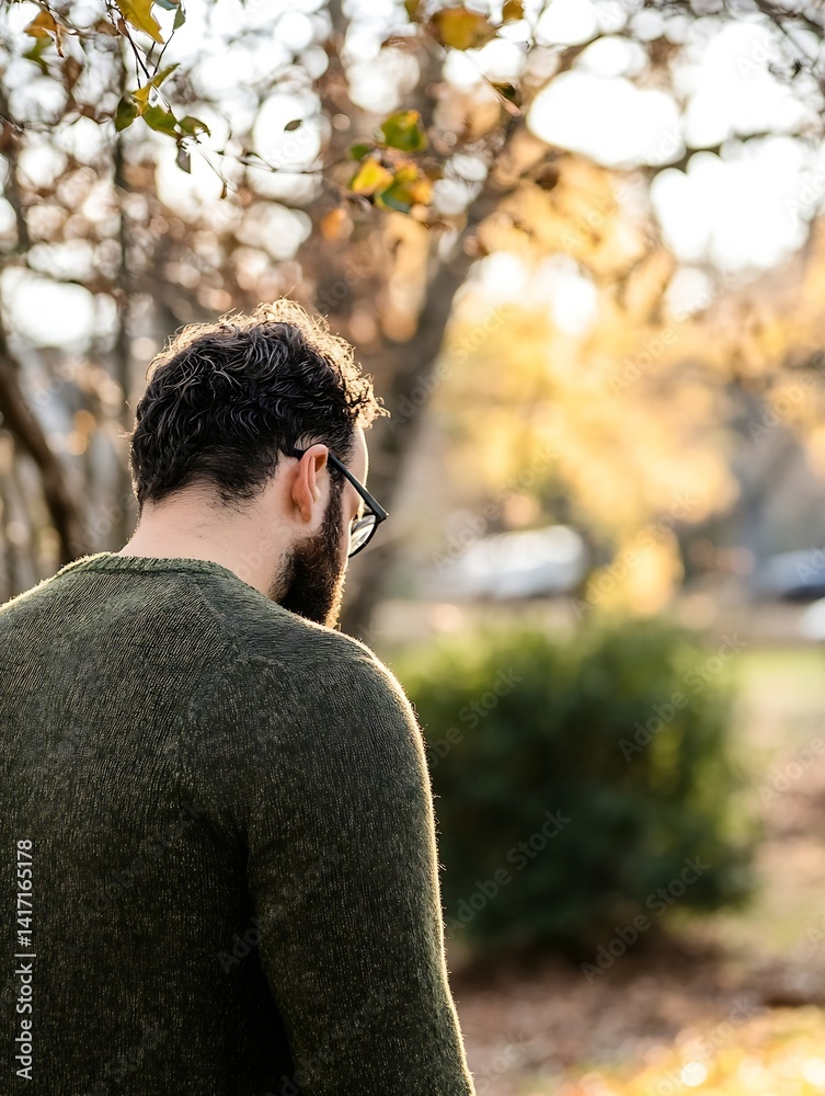 Poster man with beard in sweater enjoying the beauty of nature during golden hour in a serene park : genera