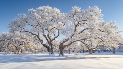 A winter landscape with snow covered trees and a clear blue sky on a bright and sunny day scene outdoors