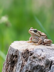 Charming frog perched on a log surrounded by lush greenery in a natural setting : Generative AI