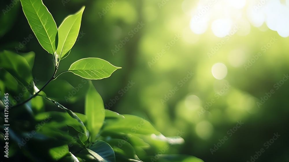 Poster close up of fresh green leaves in a sunlit forest creating a serene natural atmosphere : generative 