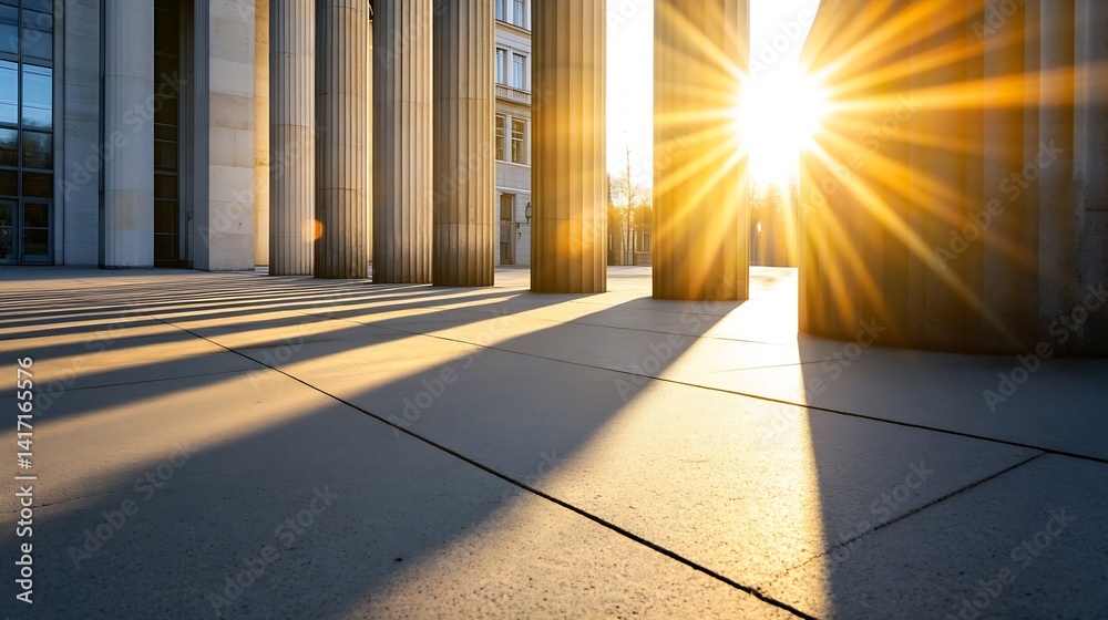 Poster Golden Sunburst Through Columns Creating Beautiful Shadows on Paved Walkway : Generative AI