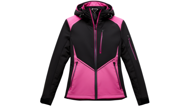 Pink and black softshell jacket with hood on transparent background