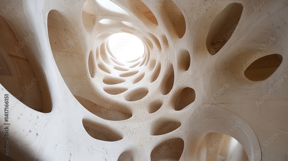 Poster a stunning view inside abstract wood sculpture with unique organic shapes and bright light : generat