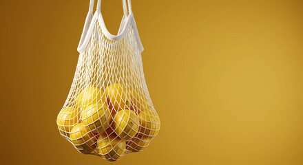 A White Mesh Bag Overflowing With Fresh, Bright Yellow Lemons Against a Neutral Background