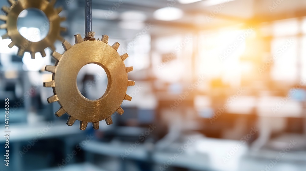 Poster shiny golden gear hanging in a modern industrial workspace with soft natural lighting and technical 
