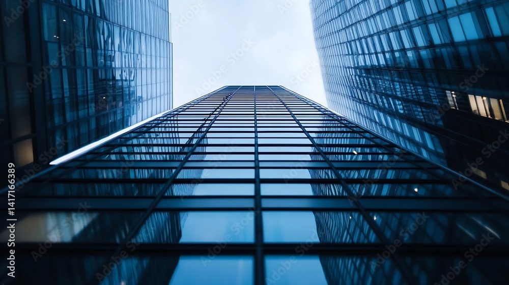 Poster modern skyscraper glass facade view from ground perspective showcasing contemporary architecture : g