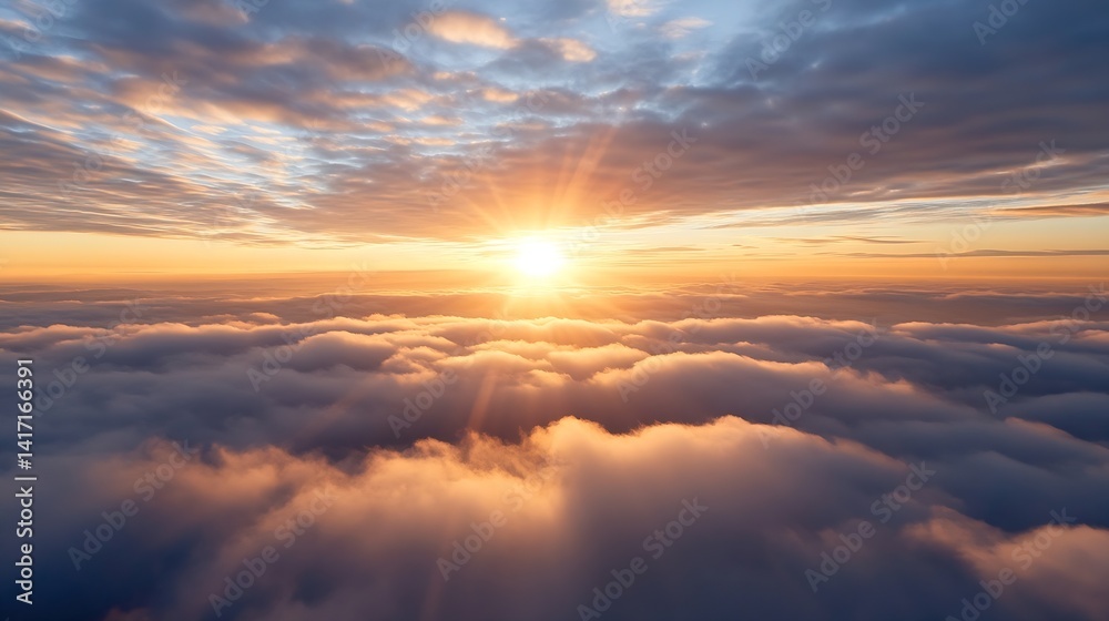 Poster stunning sunset over the clouds with vibrant colors and rays illuminating the sky : generative ai