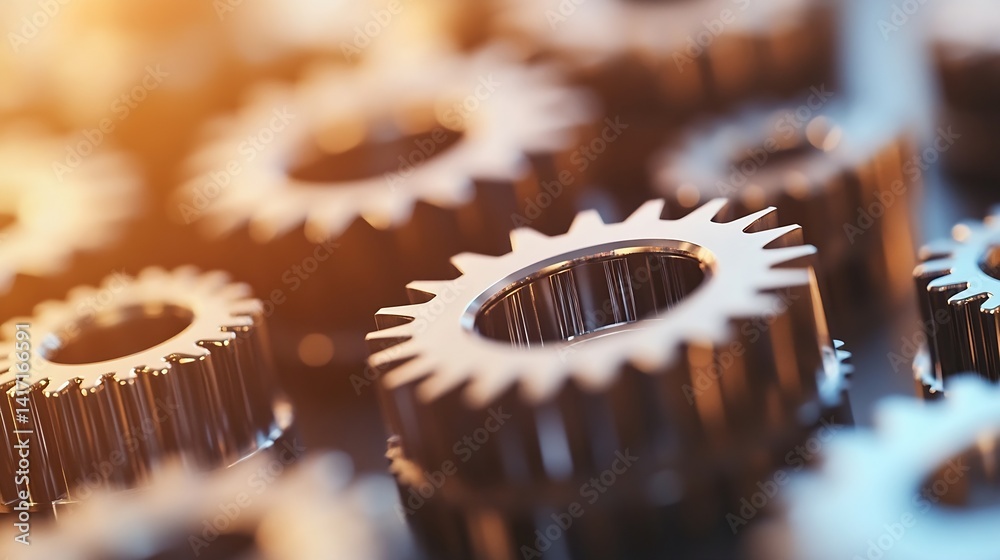 Poster industrial gears in close-up view with a warm glow highlighting their details and textures : generat