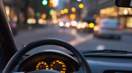 View From Car Cabin Capturing City Traffic and Urban Life at Dusk : Generative AI