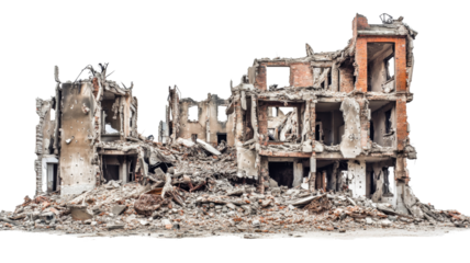 Destroyed building remains after war or earthquake on transparent background