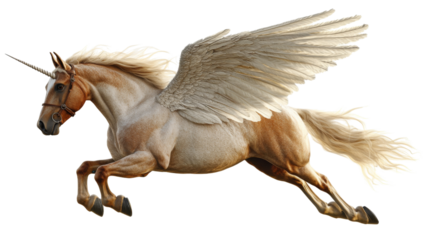 Palomino unicorn flying with open wings on transparent background