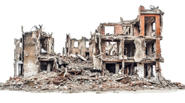 Destroyed building remains after war or earthquake on transparent background