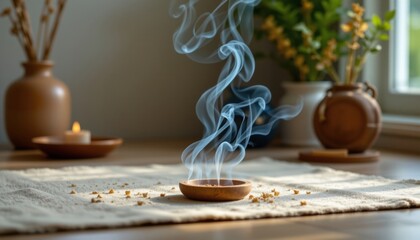 Obraz premium The gentle fragrance of sandalwood incense fills the room, creating a warm and inviting atmosphere for your meditation session