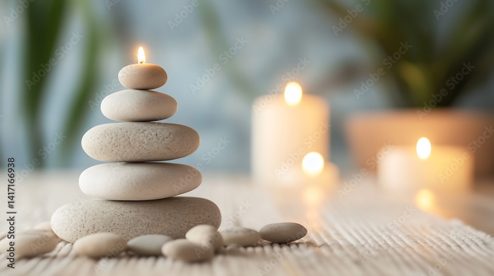 Fototapete zen stone stack with candles creating a calm and peaceful atmosphere : generative ai