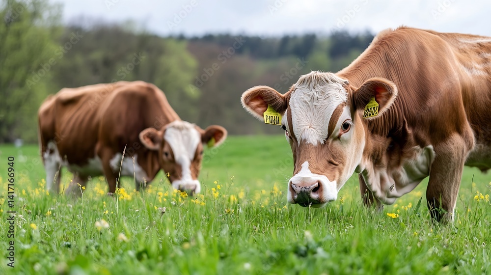 Poster two dairy cows grazing in a lush green field on a cloudy day : generative ai