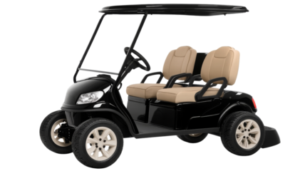 Black golf cart with beige seats isolated on transparent background