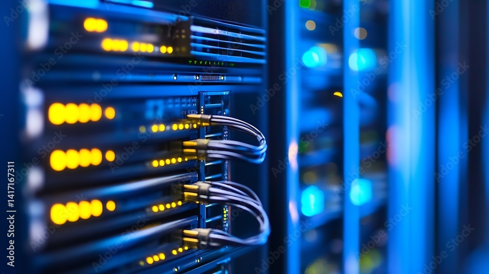Poster Modern Data Center with Illuminated Server Rack and Network Cables in Blue Lighting : Generative AI
