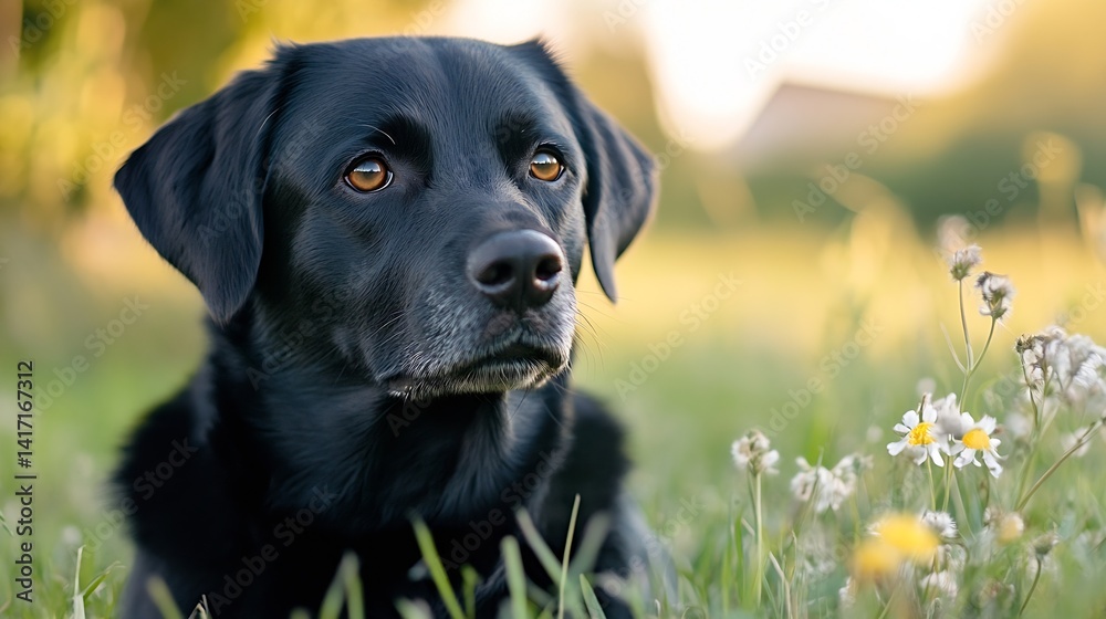 Poster curious black dog lying in a sunlit field surrounded by wildflowers capturing a playful and warm sce