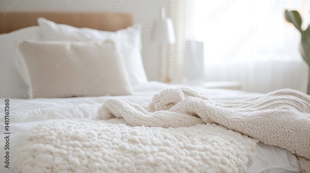 Poster cozy and inviting bed with soft blankets and natural light peeking through the window : generative a