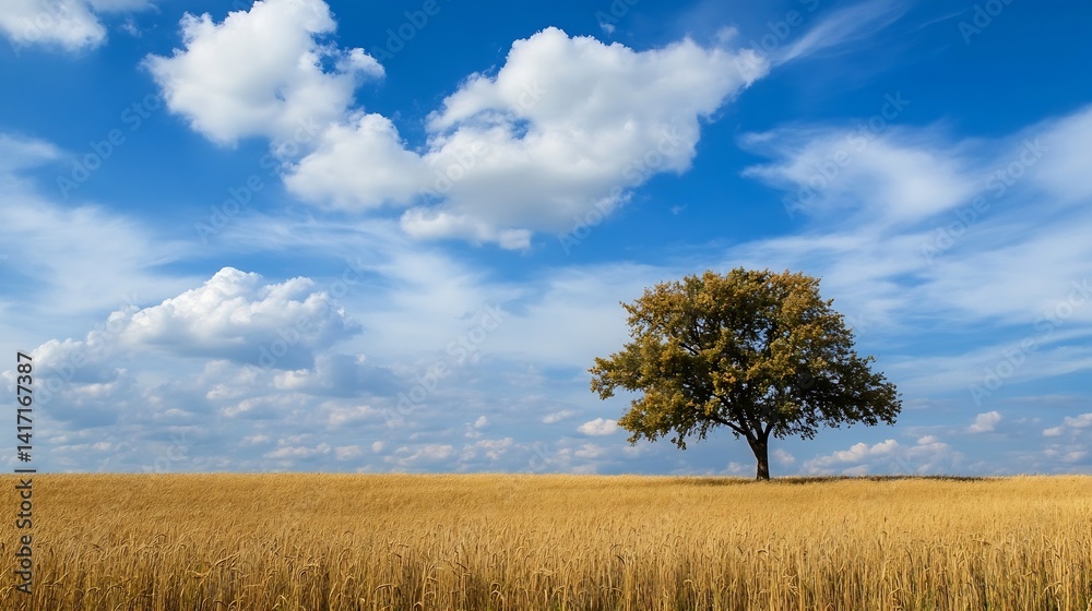 Poster stunning tree on wheat field under beautiful cloudy sky : generative ai