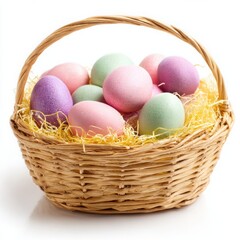 Pastel easter eggs in a woven basket filled with straw isolated on white background