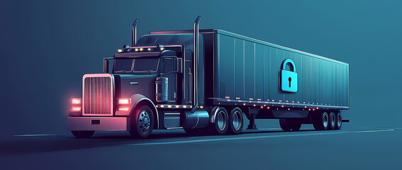Secure Transport: An imposing semi-trailer truck, emblazoned with a digital lock, journeys across a vast expanse, symbolizing the secure and protected movement of cargo and logistics. 