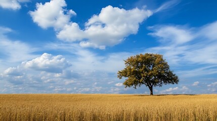 Obraz premium Stunning Tree on Wheat Field Under Beautiful Cloudy Sky : Generative AI