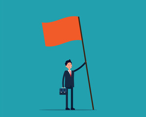 Business person raising winning flag with triumph and proud
